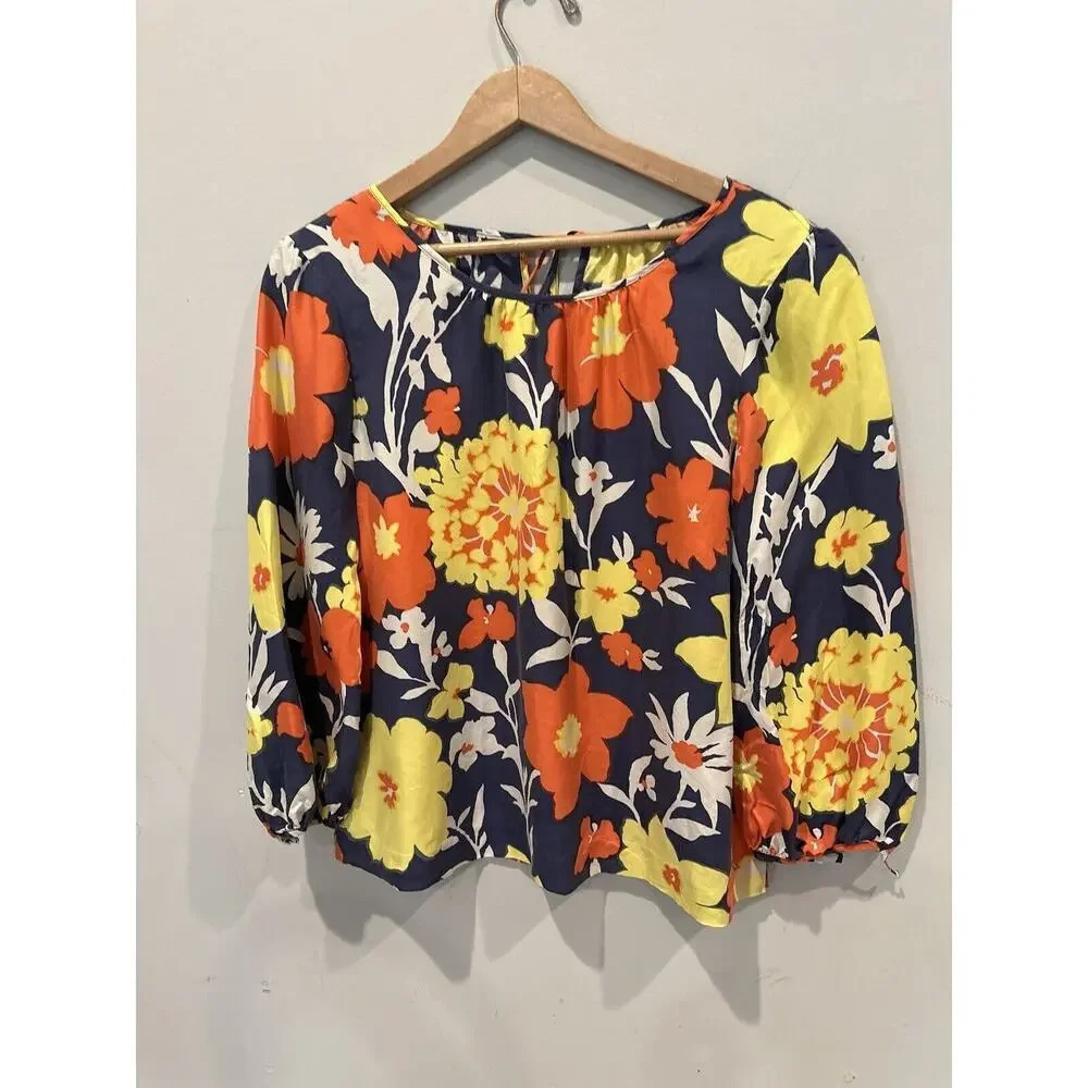J. Crew Womens 100% Silk Tie Neck Blouse Top Sz 4 Multicolor Floral X0927